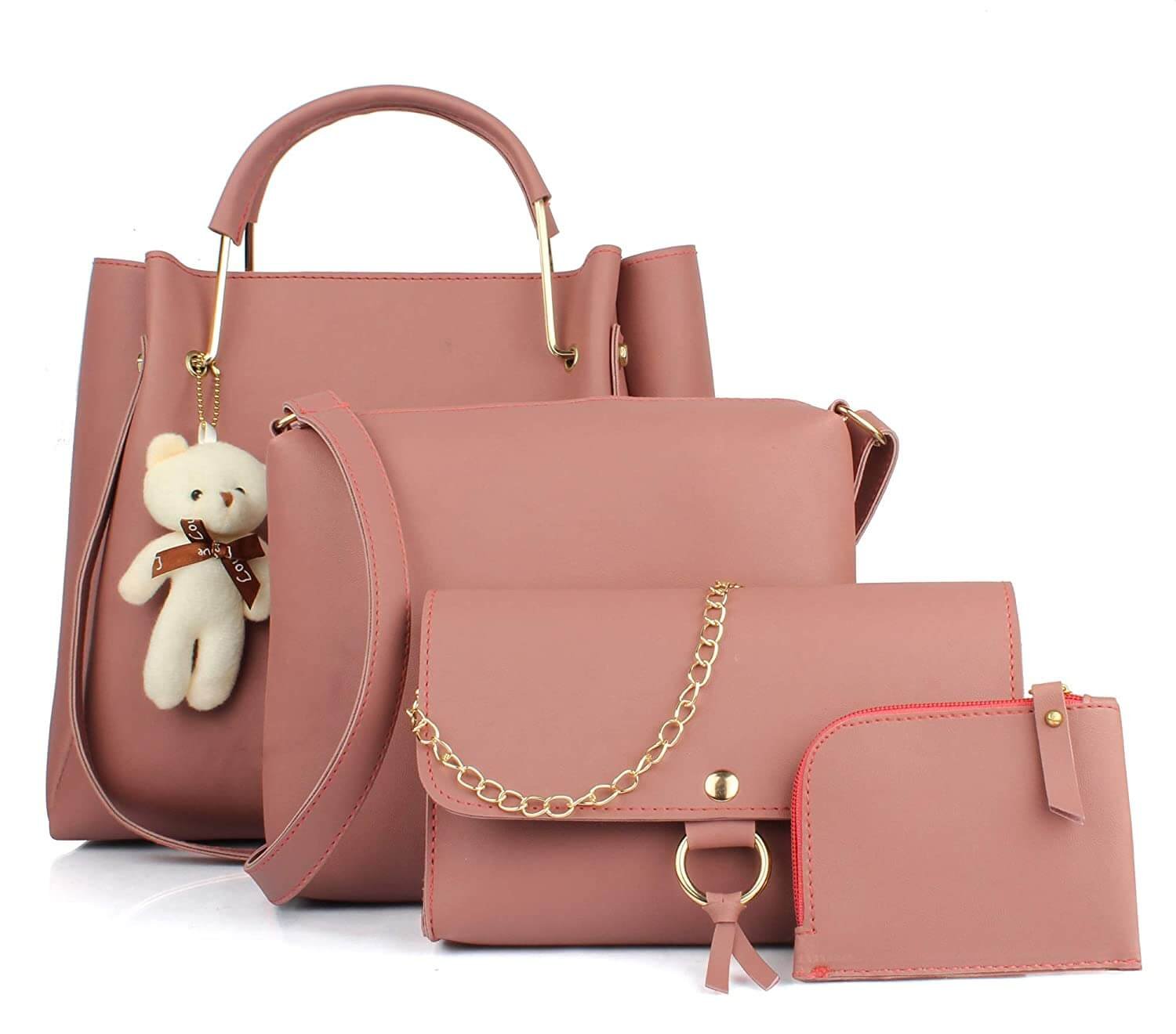 Mammon Women's PU Leather Handbag Combo (4-teddy-pink)
